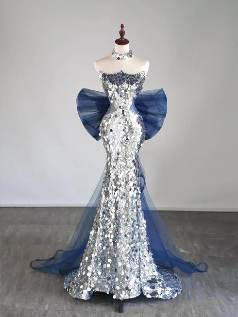 Light Grey Mermaid Sequins Long Party Dress with Bow, Sequins Prom Dress